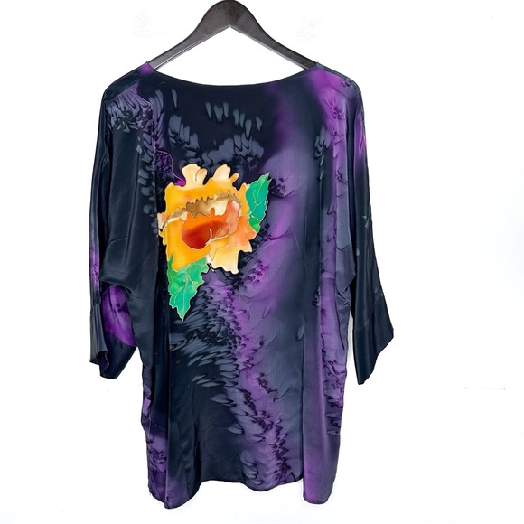 Lahja Hand Painted Silk Top Black Floral Print - Picture 2 of 8